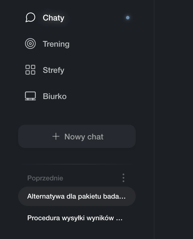 Pasek boczny Yuqa: moduły Chaty, Trening, Strefy, Biurko oraz historia rozmów