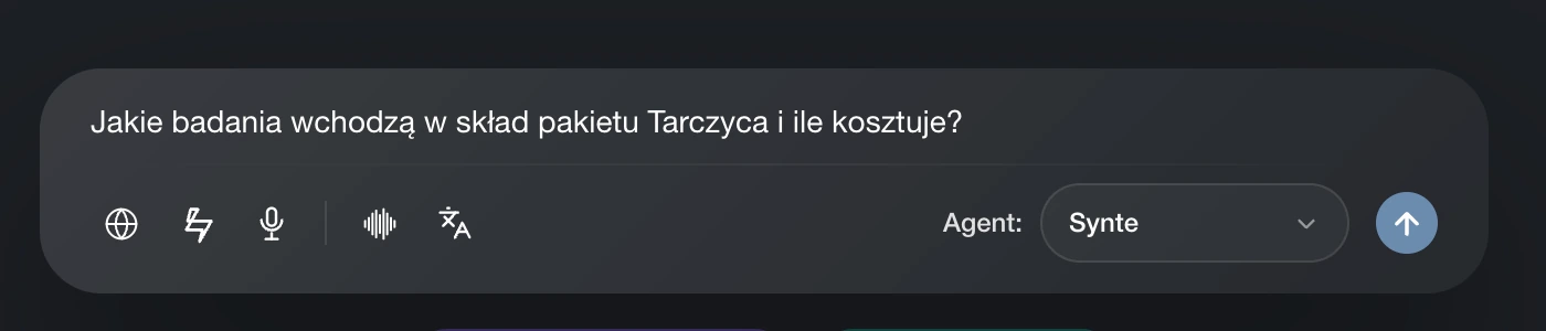 Pole zapytania Yuqa z pytaniem o pakiet badań i wyborem agenta Synte